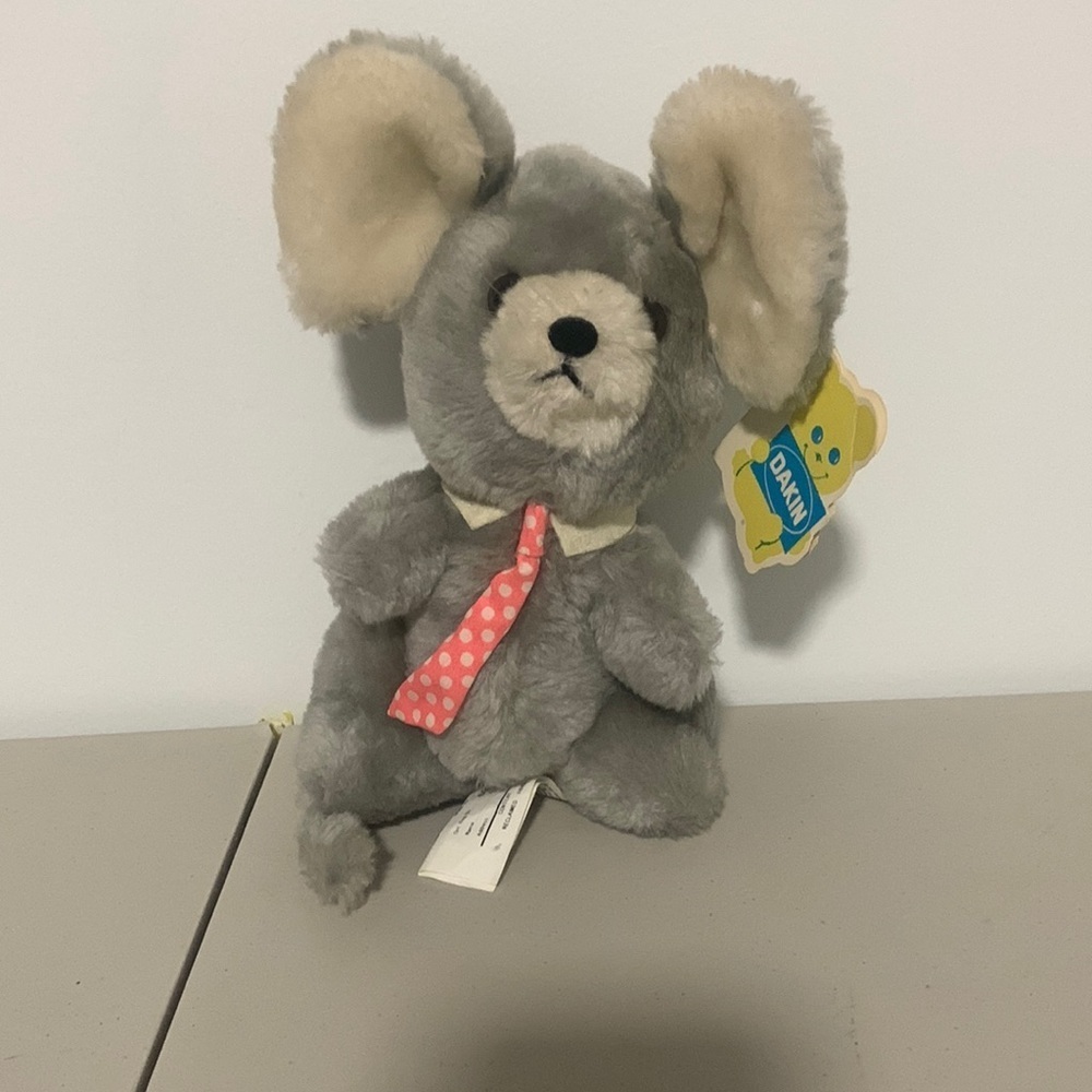 Vintage Dakin 1980 Gray Mouse Plush With Pink Polka Dot Tie 9"